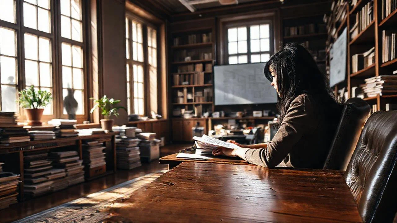Un despacho universitario iluminado, en profunda concentración