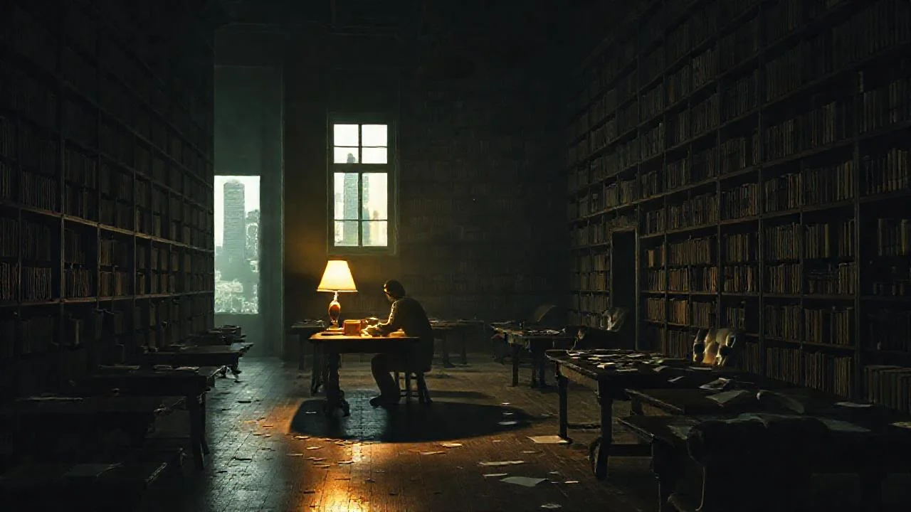 Biblioteca antigua, silenciosa y misteriosa