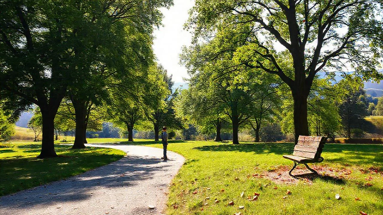 Parque tranquilo, luz cálida y silencio