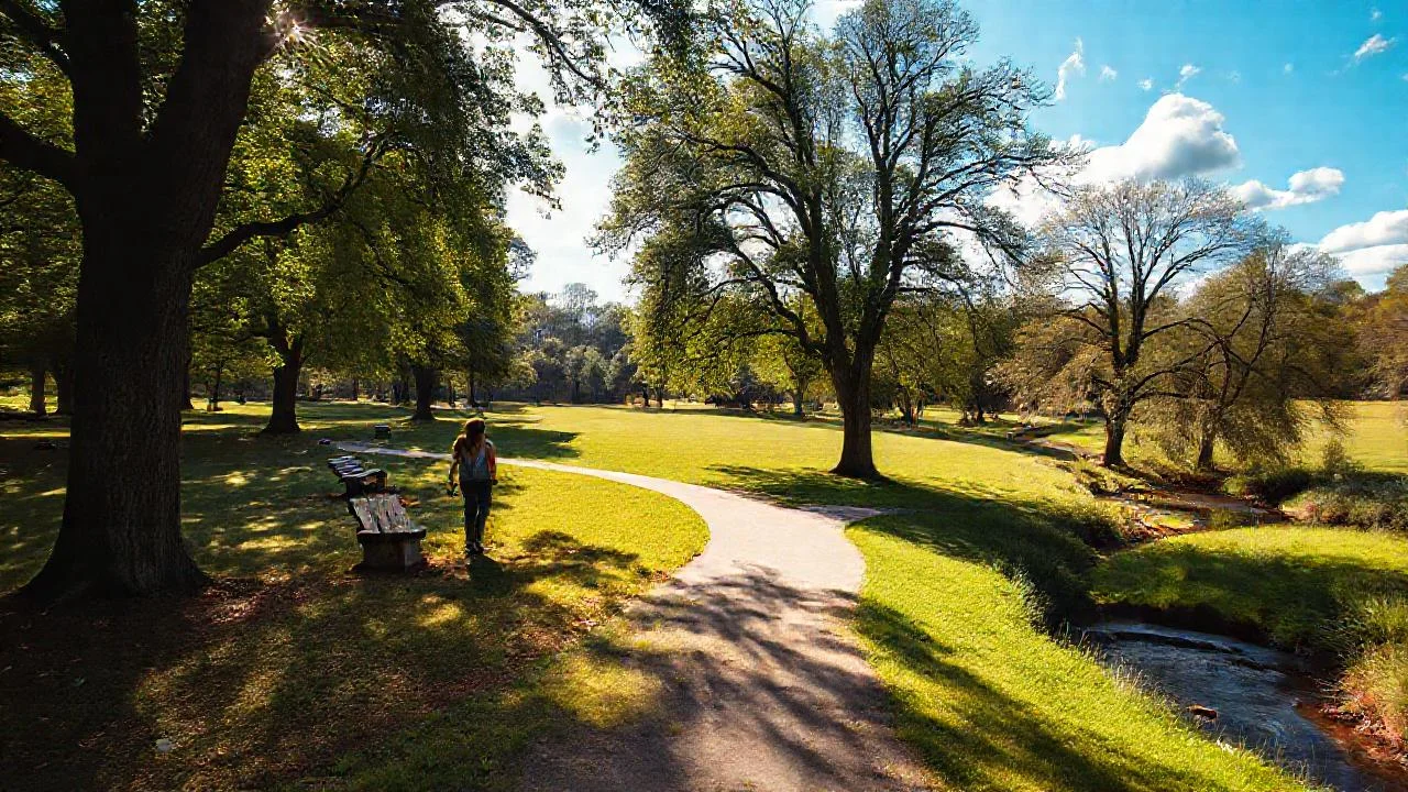 Parque sereno, luz cálida, naturaleza expandida
