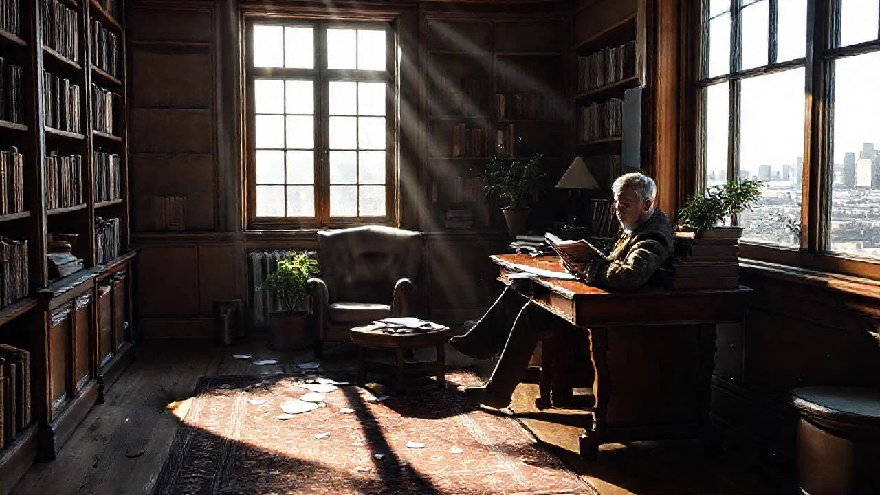 Un hombre lee en un estudio iluminado