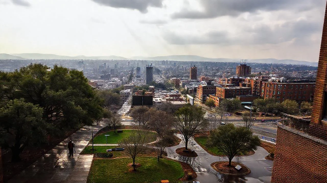 Ciudad tranquila bajo cielo nublado