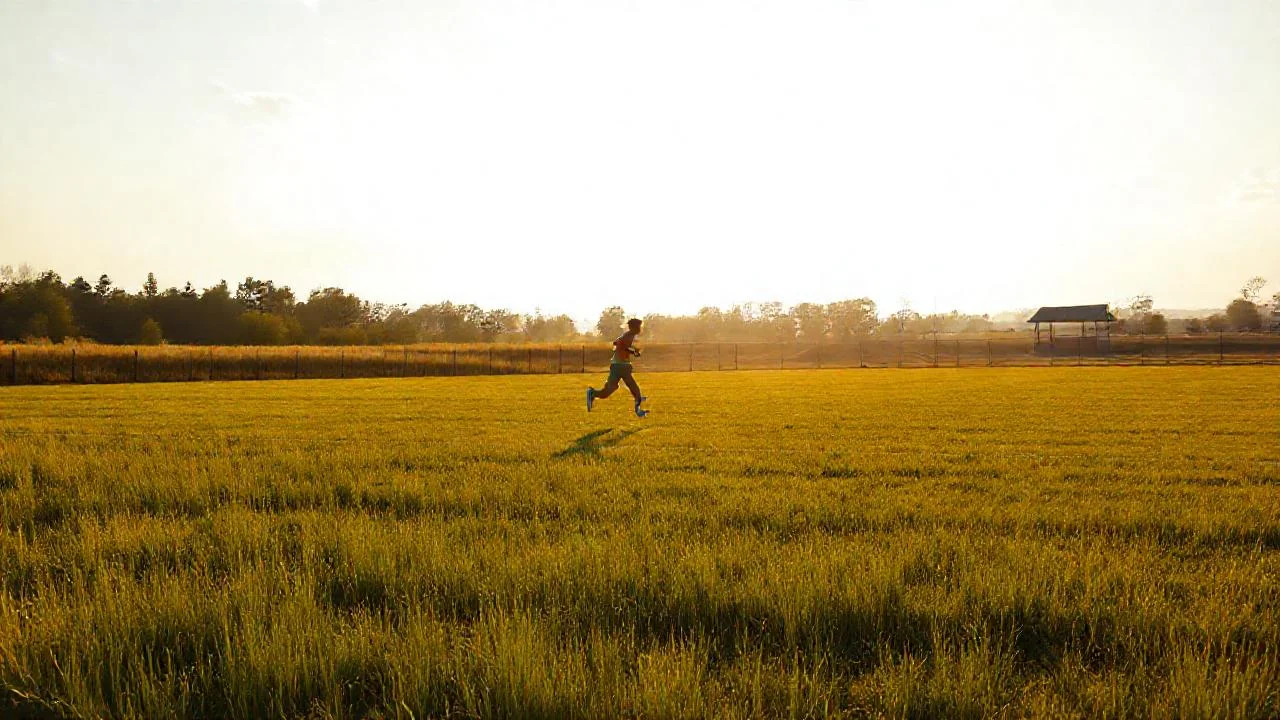 Corredor solitario en campo soleado