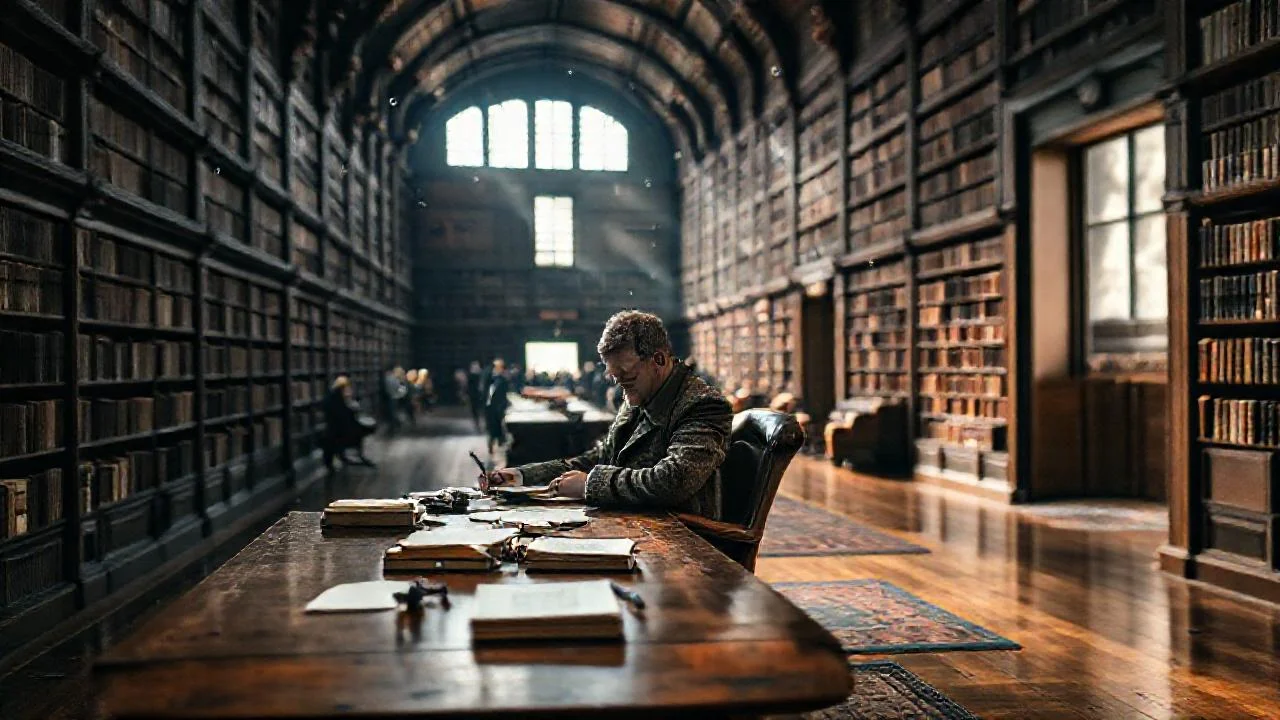 Un hombre lee en la biblioteca