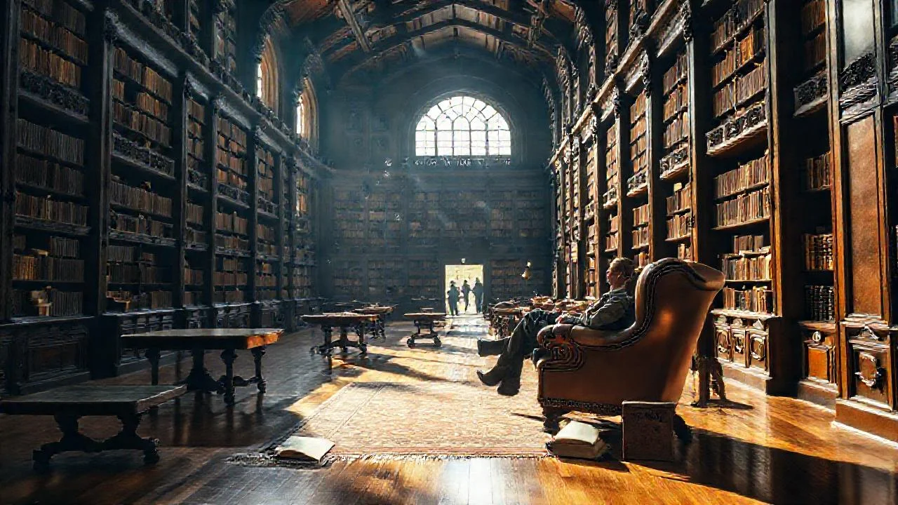 Una biblioteca antigua, silenciosa y acogedora