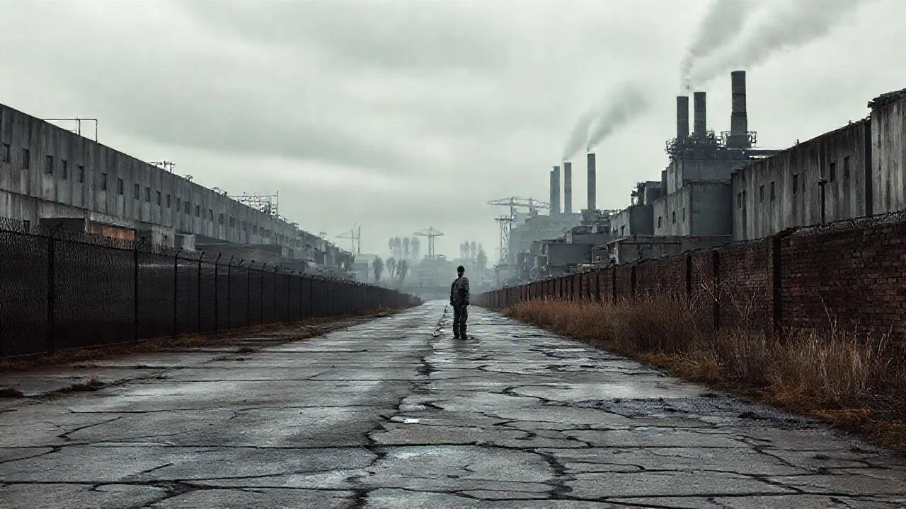 Una figura solitaria en paisaje industrial