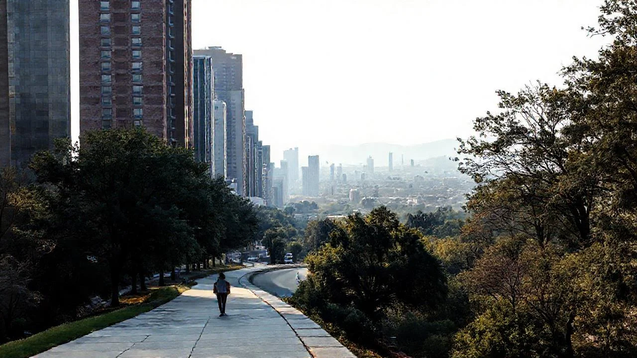 Ciudad bulliciosa y difuminada en la distancia