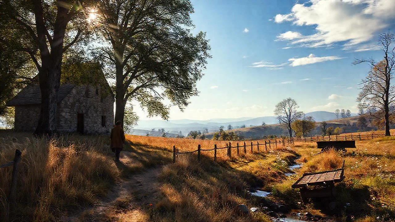 Tranquila escena rural iluminada por el sol