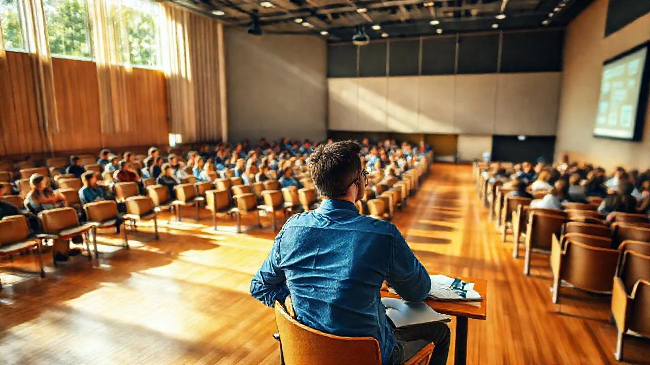 Un aula académica, iluminada y concentrada