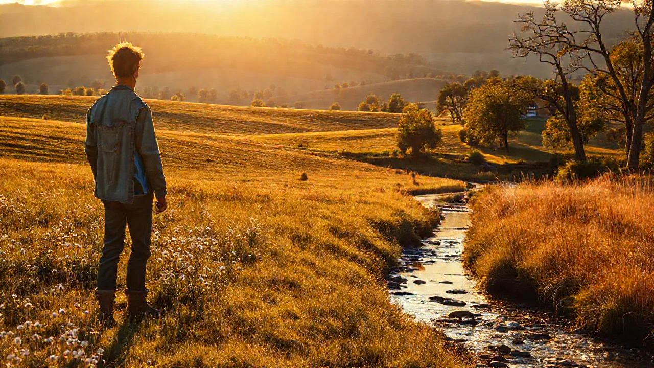 Solitario figura en paisaje rural sereno