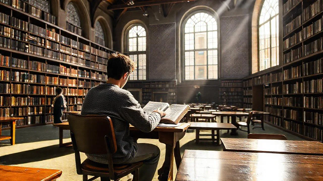 Biblioteca silenciosa, estudio concentrado y luminoso