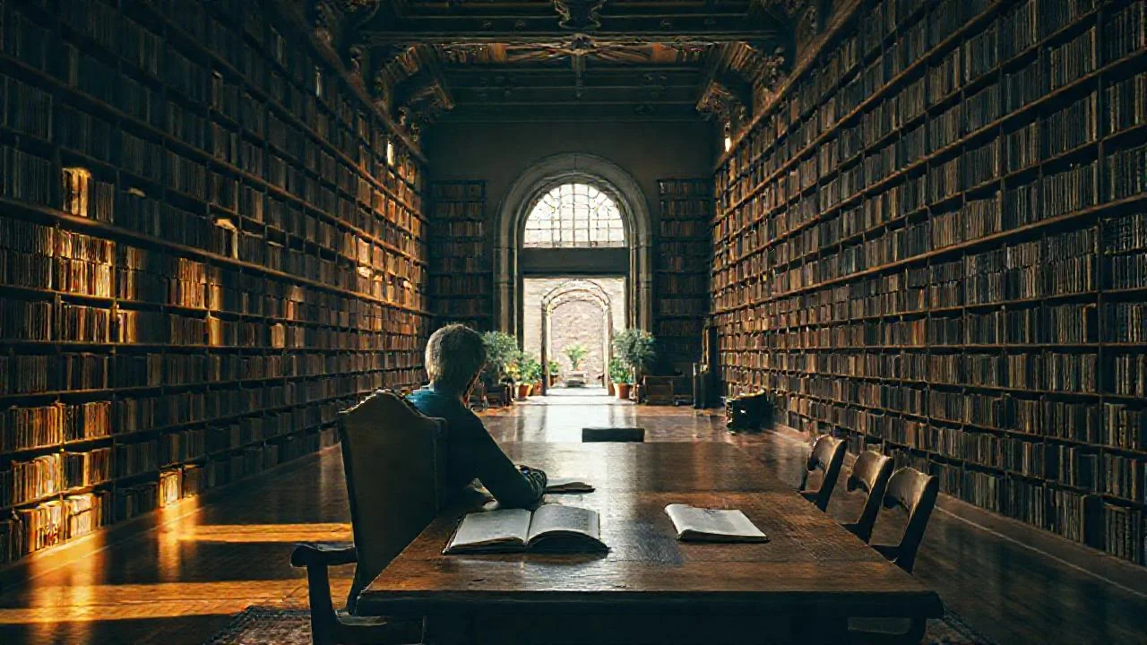 Una biblioteca antigua, silenciosa y profunda