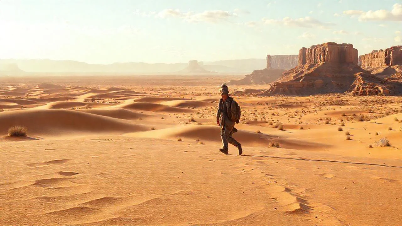 Un solitario viajero camina por el desierto