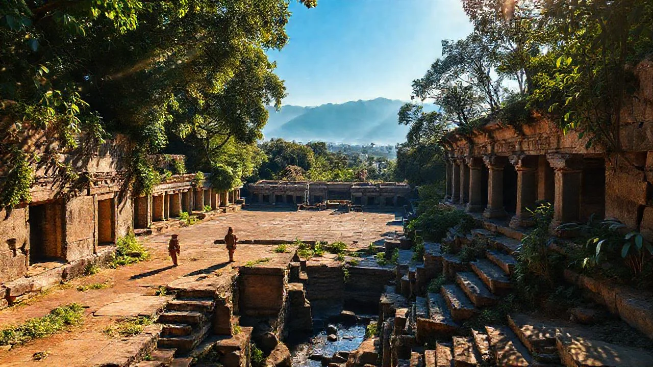Ruinas antiguas, luz y sol misteriosos