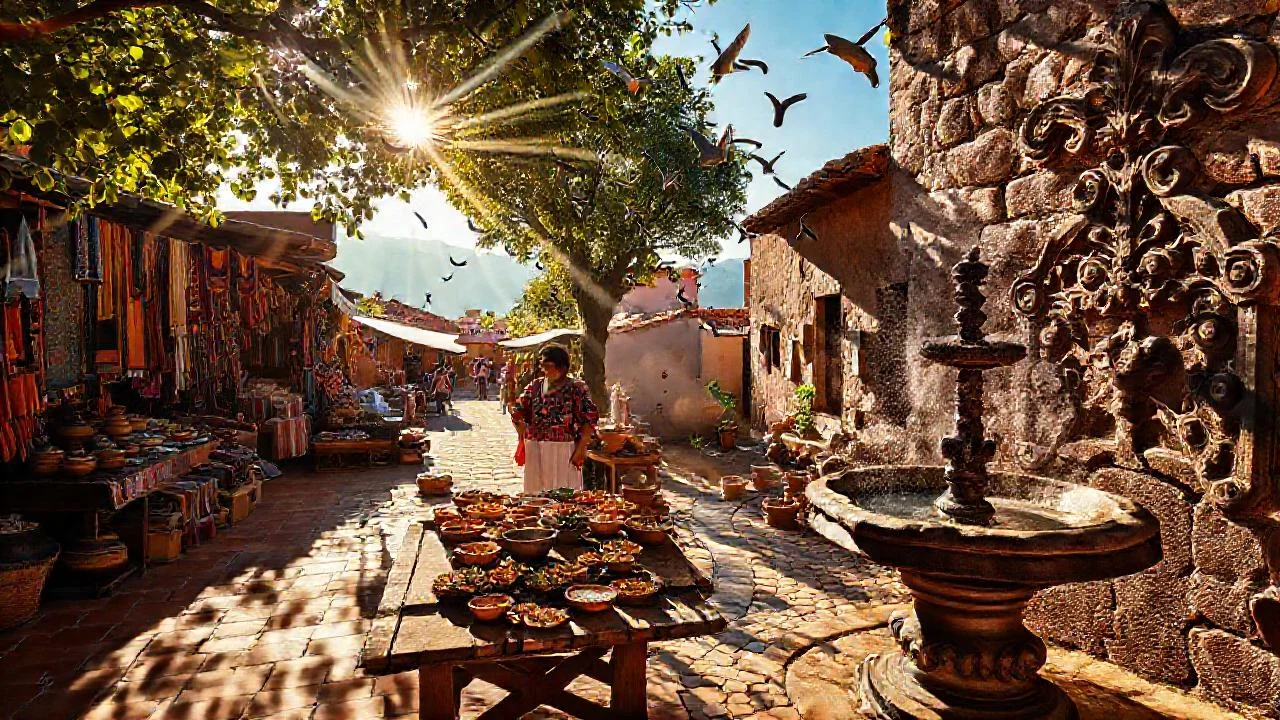 Mercado vibrante, tradición y sol cálido