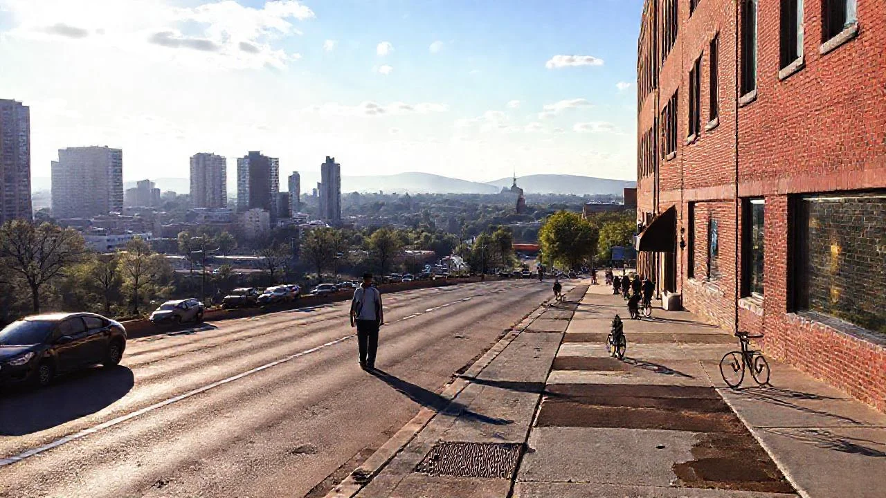 Ciudad vibrante bajo cielo nublado