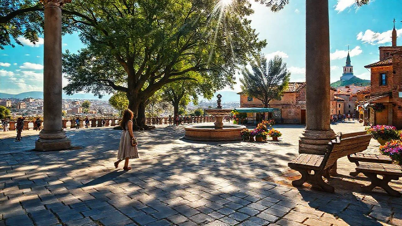Plaza europea serena, luz cálida y calma