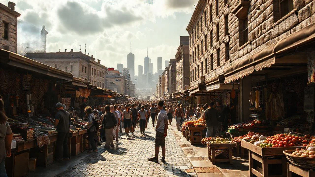 Mercado vibrante, vida urbana cotidiana