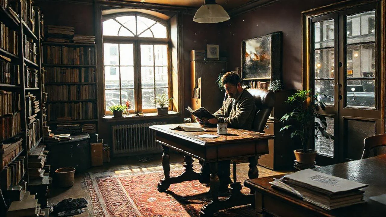 Un hombre lee en estudio antiguo