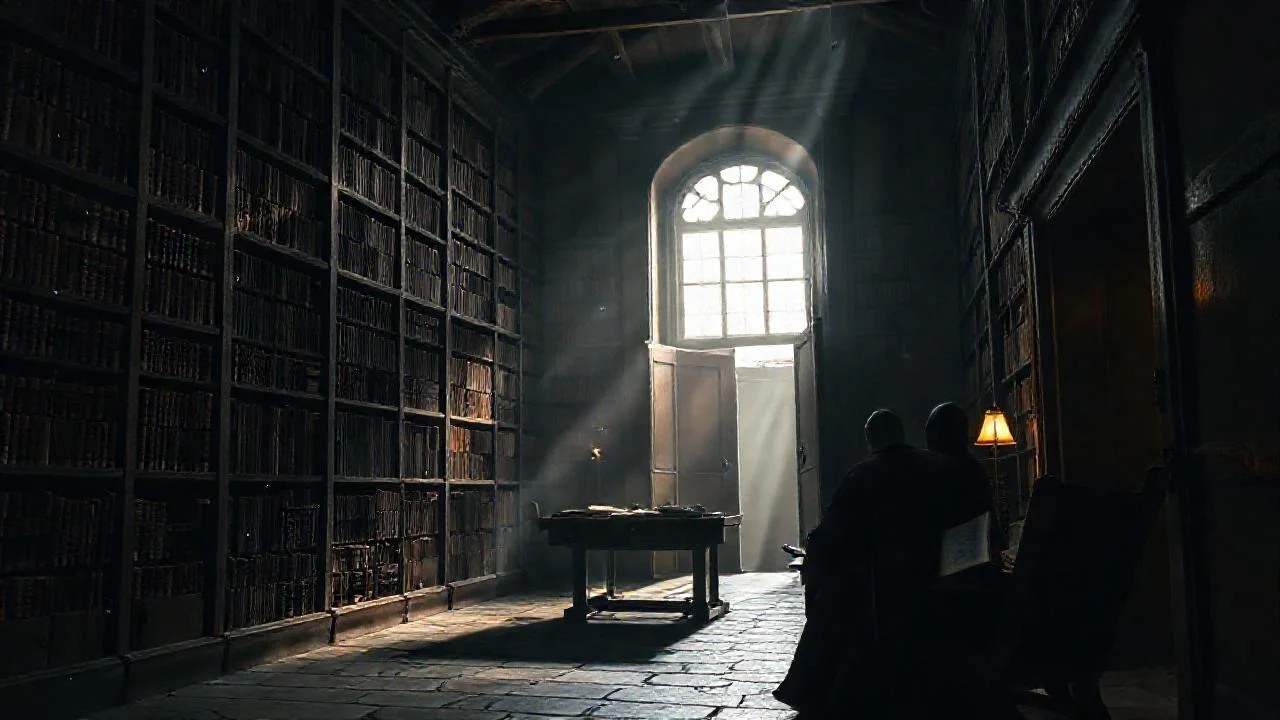 Una biblioteca antigua, silenciosa y misteriosa
