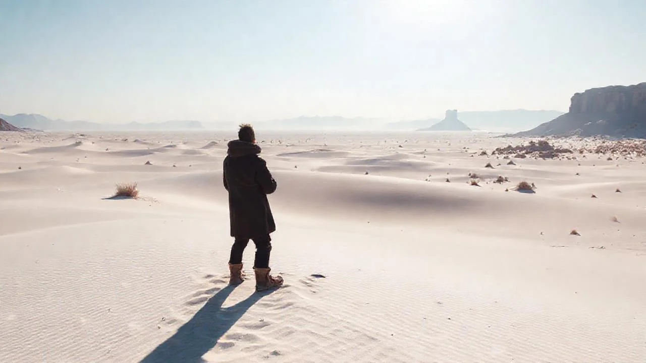 Desierto árido, silueta solitaria, frío intenso