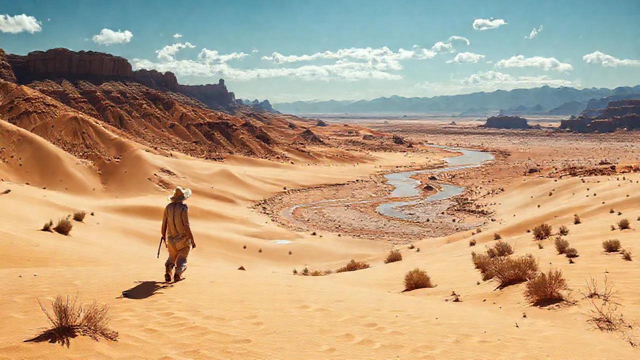 Un solitario viajero explora un desierto inmenso