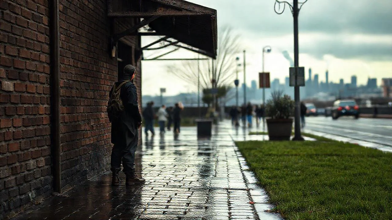 Ciudad gris, figura solitaria y lluvia