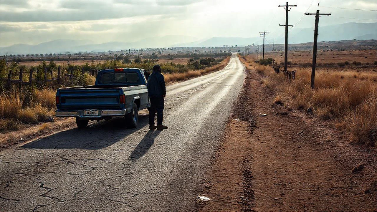 Soledad rural, luz tenue, figura solitaria