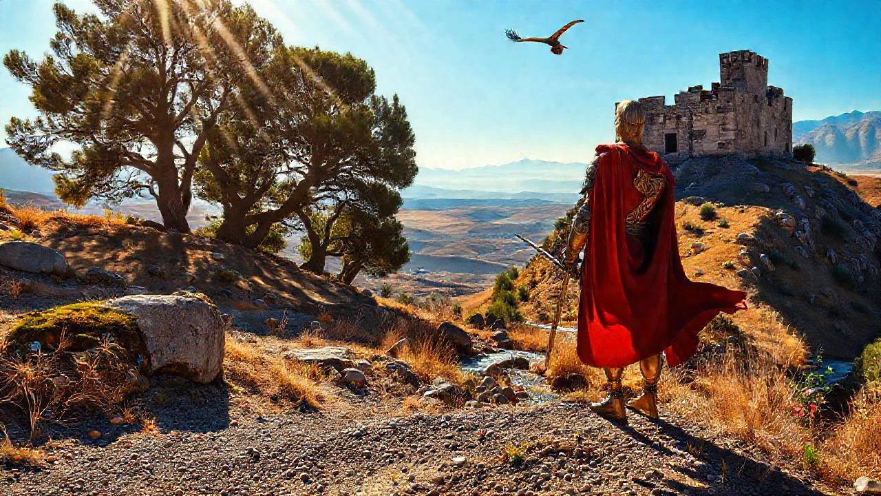 Una guerrera observa un paisaje antiguo