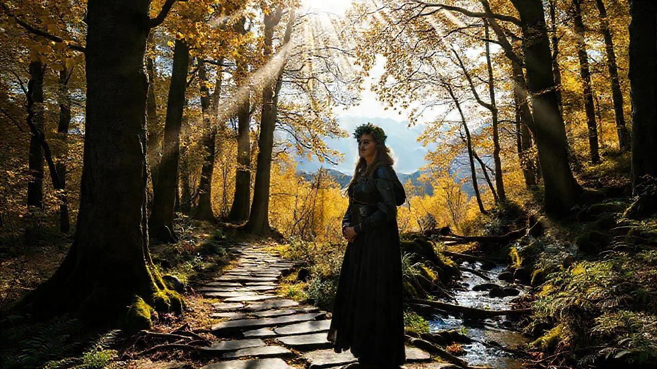 Una guerrera contempla un bosque ancestral