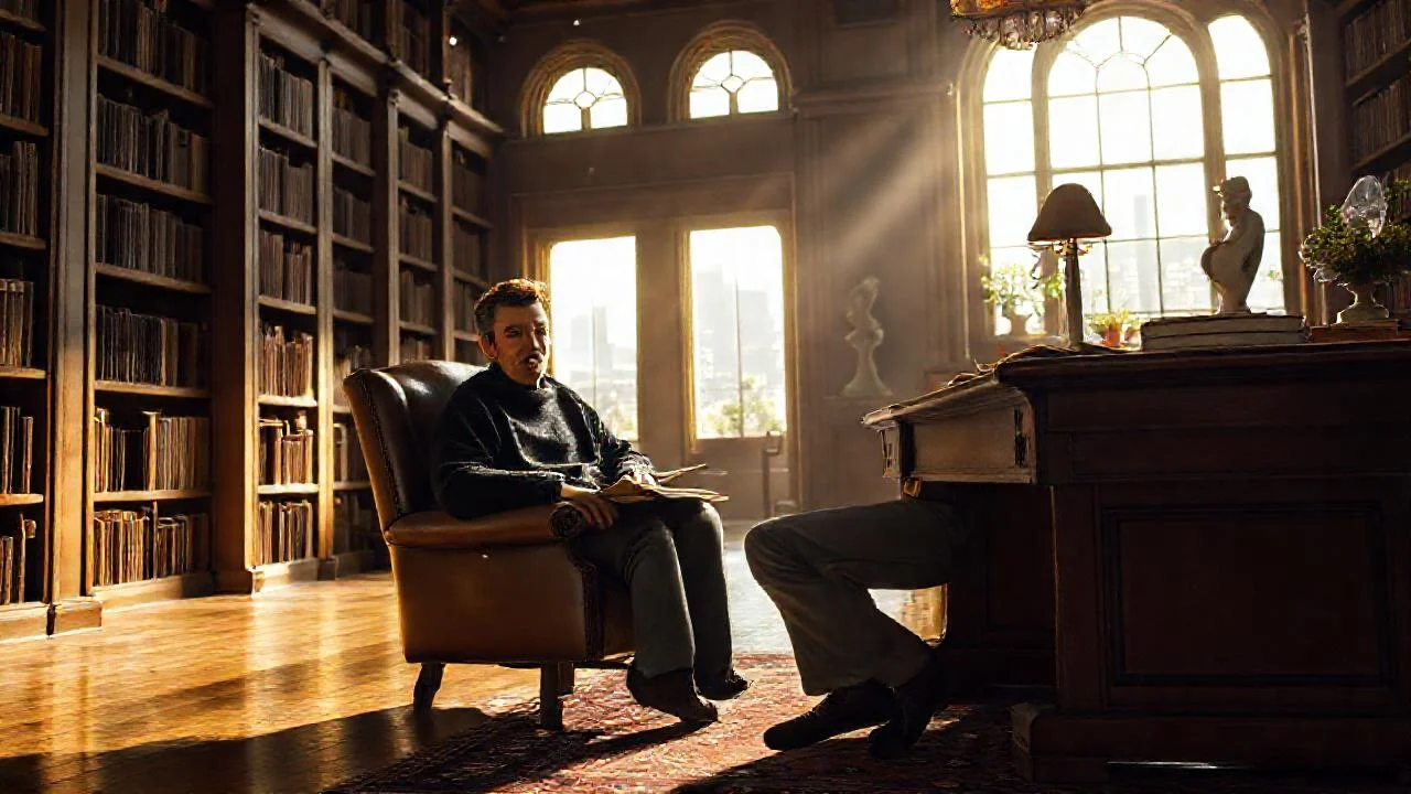 Un hombre lee en biblioteca tranquila