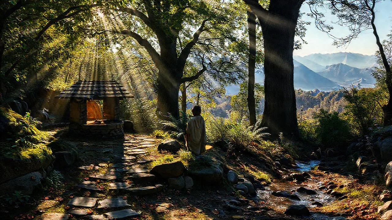 Bosque antiguo, luz y quietud