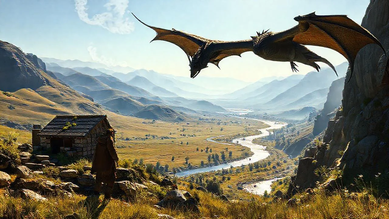 Dragón observa un valle místico y antiguo