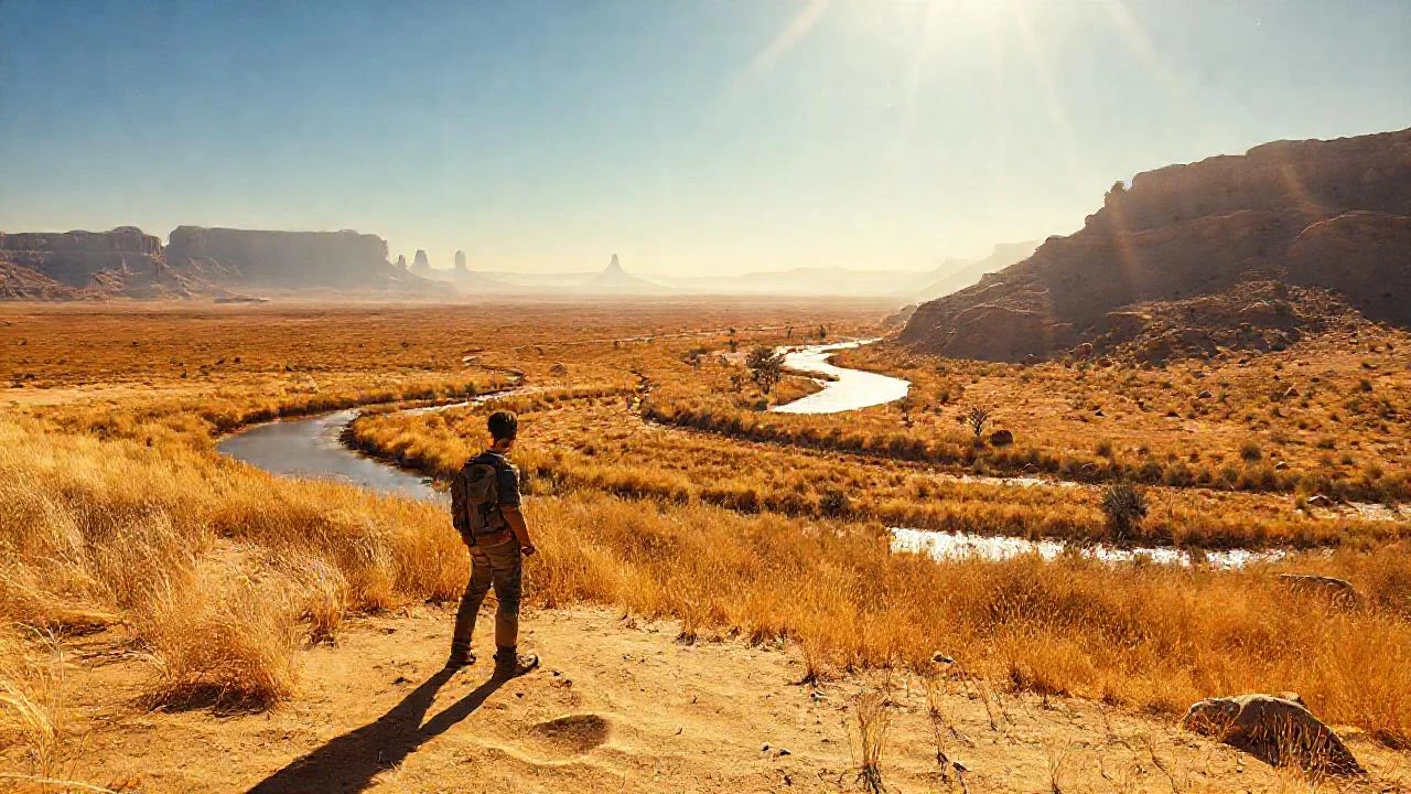Un solitario explorador contempla un paisaje árido