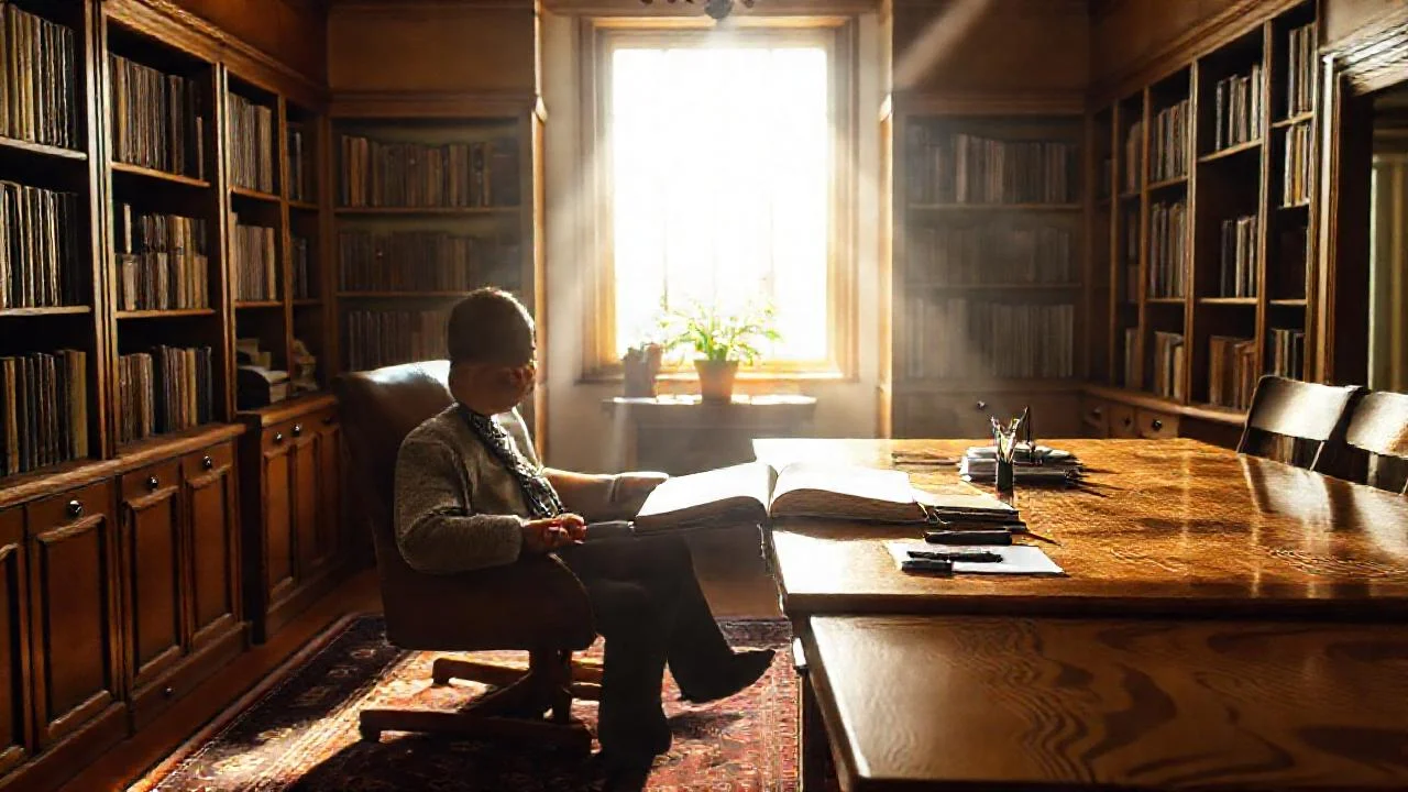 Un estudio soleado, lectura enfocada, calma