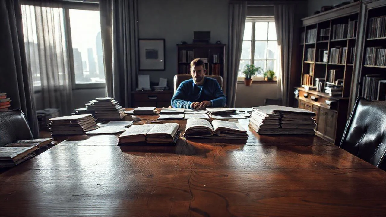Un hombre contempla el escritorio desordenado