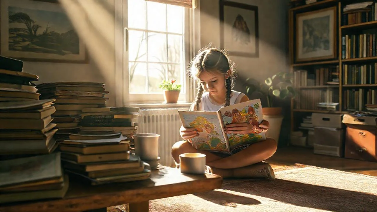 Una niña lee, iluminada por la luz