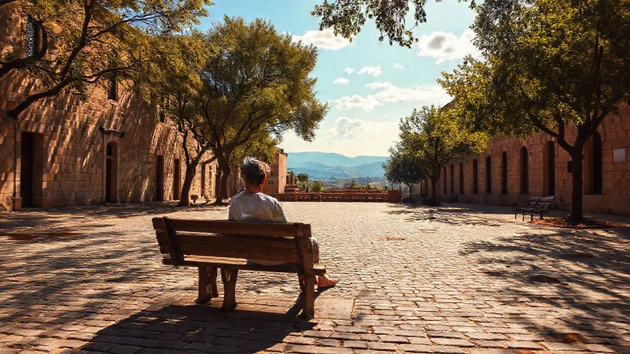 Plaza serena bajo cielo azul