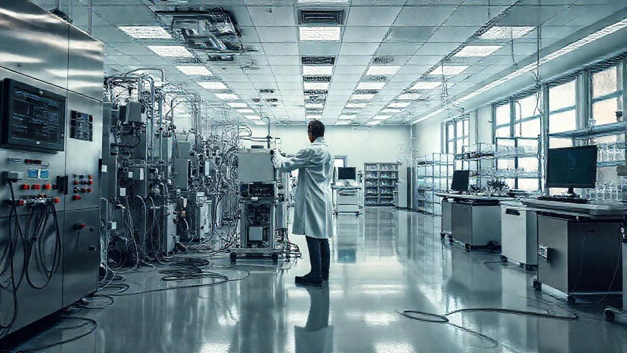 Un científico trabaja en laboratorio extenso