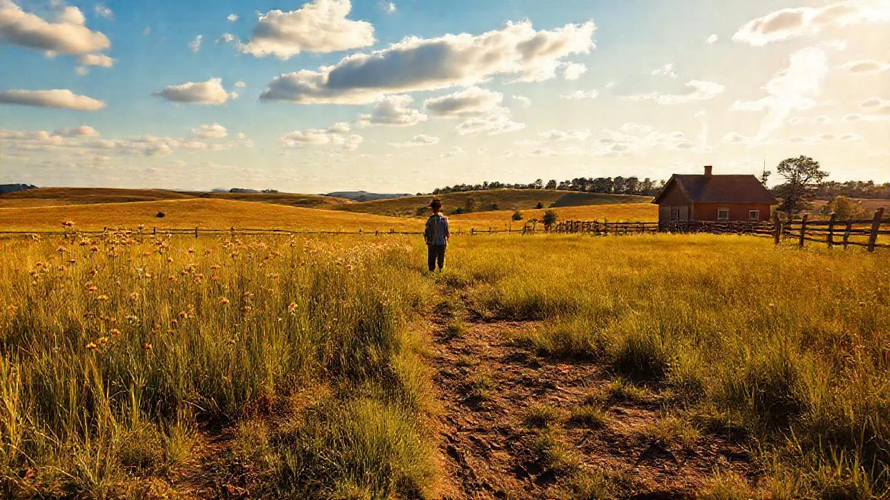 Campo soleado con figura rural