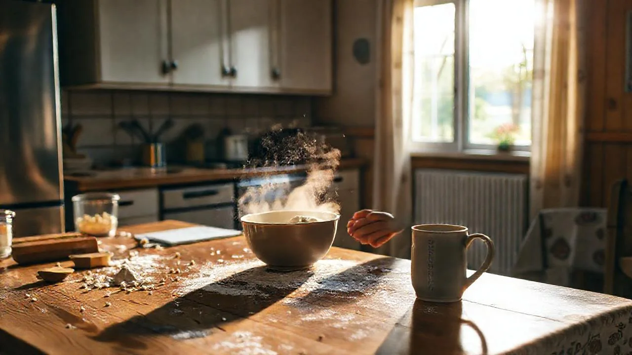 Una cocina cálida, amasando en luz