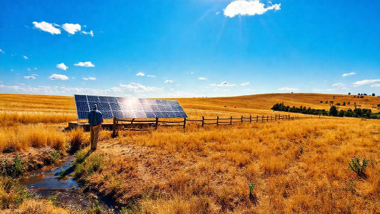 Campo soleado con figura rural