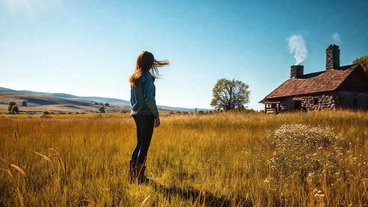 Campo sereno, figura solitaria, paz tranquila