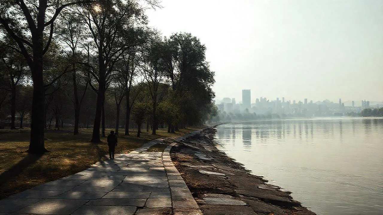 Ciudad serena, luz tenue, tiempo palpable
