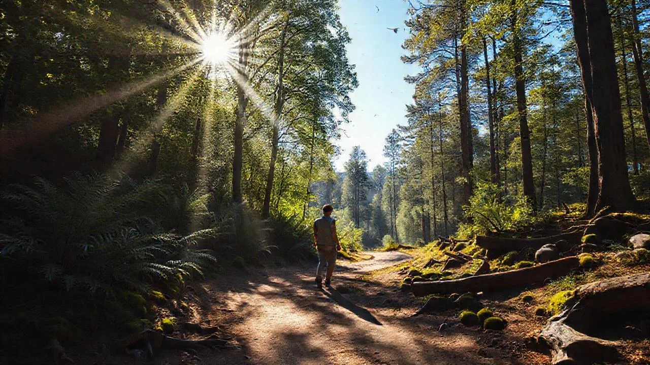 Bosque tranquilo, luz y senderismo