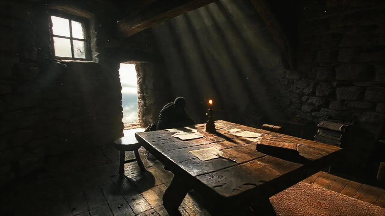 Una figura solitaria en un espacio antiguo