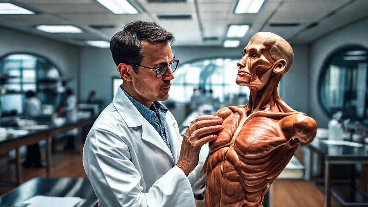 Científico analiza modelo anatómico en laboratorio