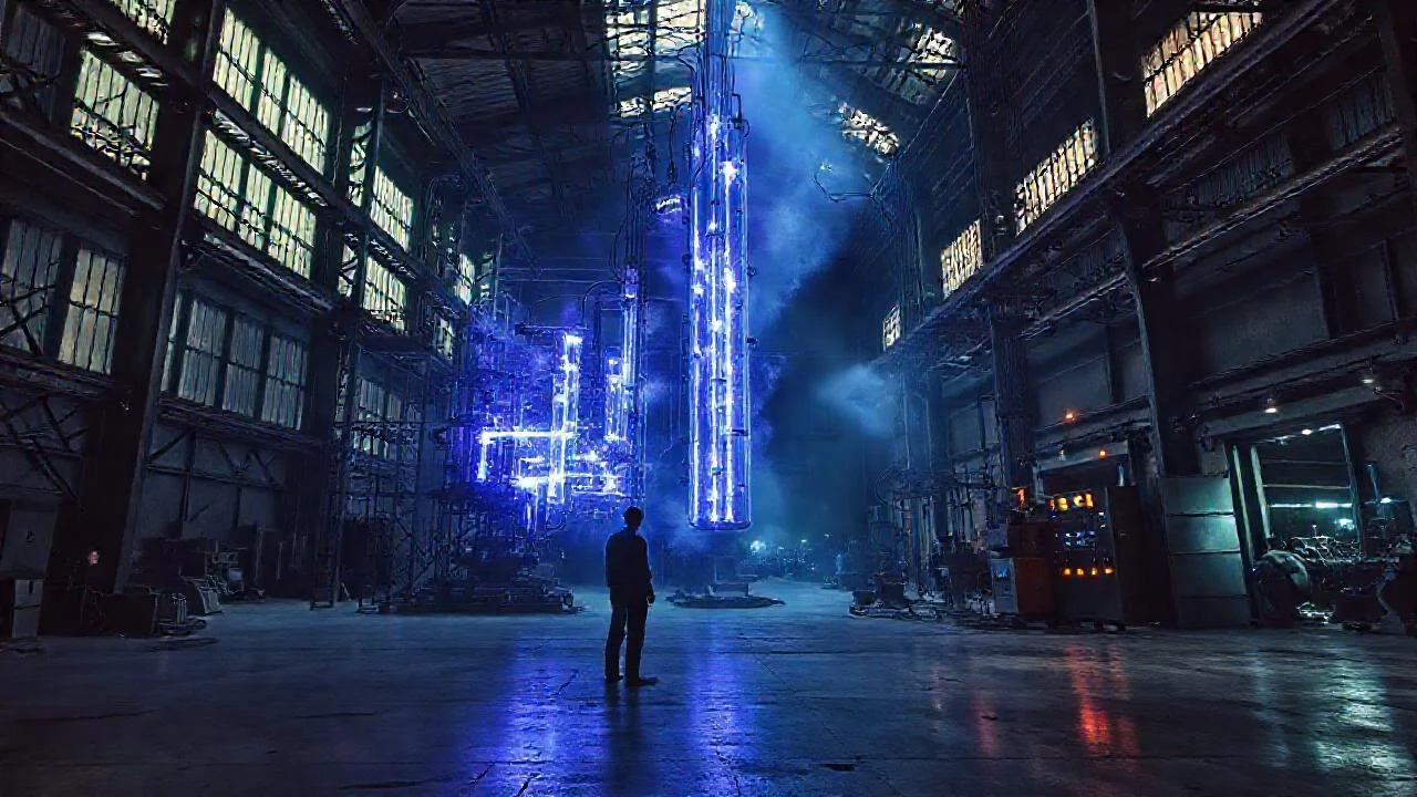 Laboratorio industrial, plasma y sombras densas