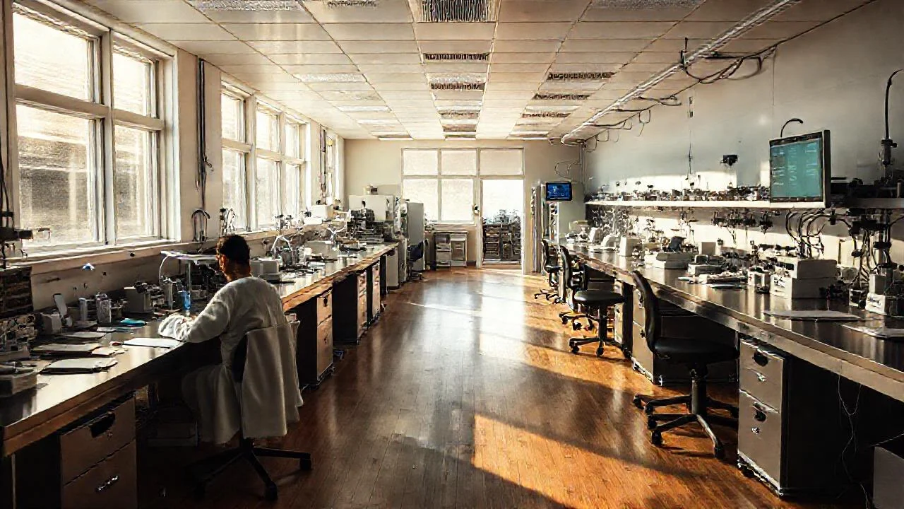 Laboratorio científico, luz y concentración