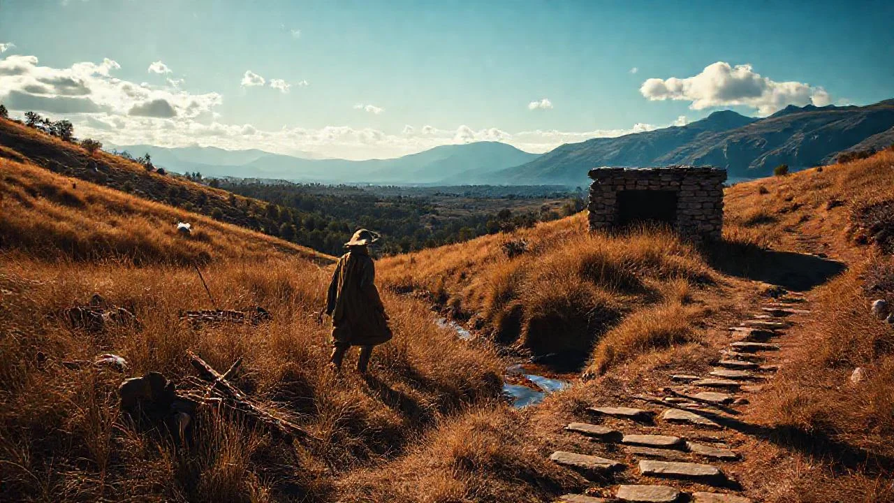 Un viajero camina en un paisaje vasto